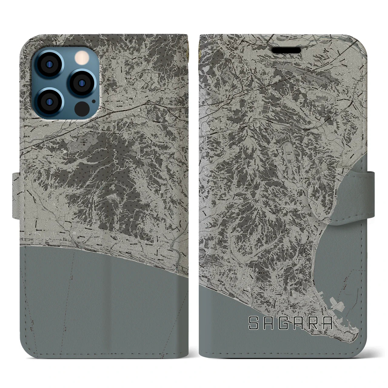 【相良(静岡県)】地図柄iPhoneケース(手帳タイプ)モノトーン・iPhone 12 / 12 Pro 用