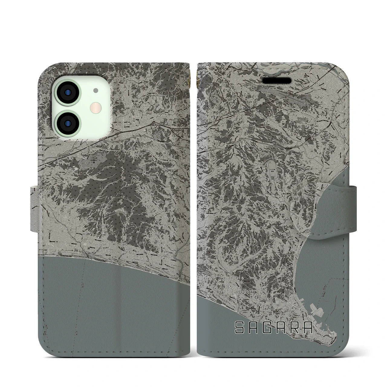 【相良(静岡県)】地図柄iPhoneケース(手帳タイプ)モノトーン・iPhone 12 mini 用