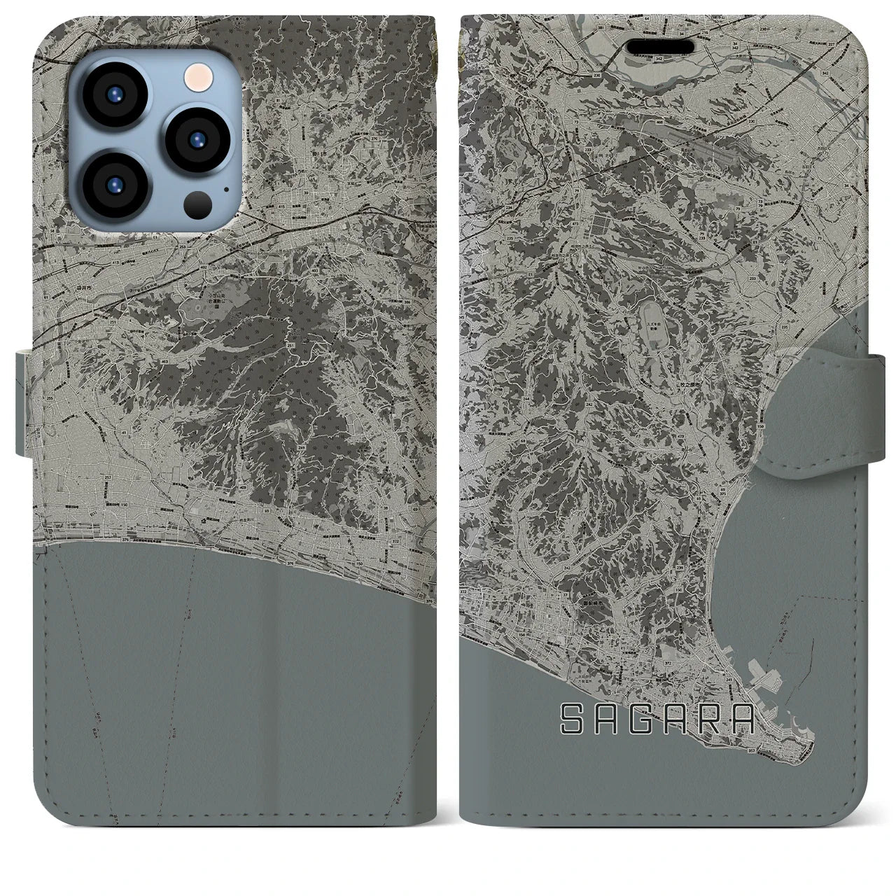 【相良(静岡県)】地図柄iPhoneケース(手帳タイプ)モノトーン・iPhone 13 Pro Max 用