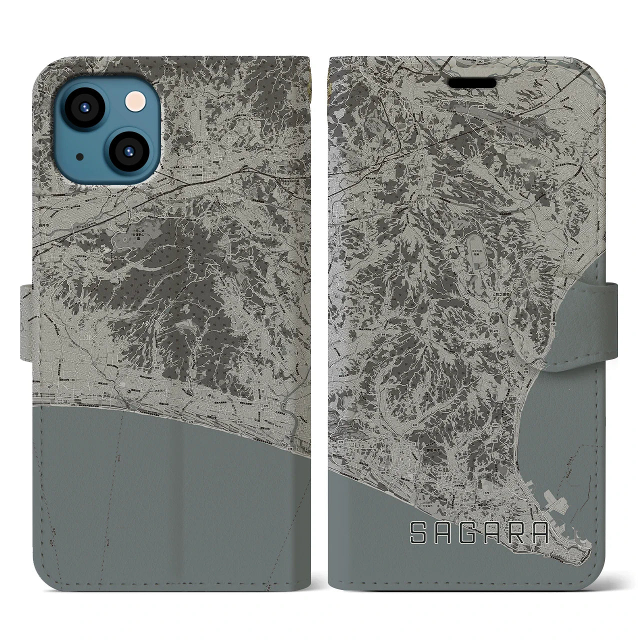 【相良(静岡県)】地図柄iPhoneケース(手帳タイプ)モノトーン・iPhone 13 用
