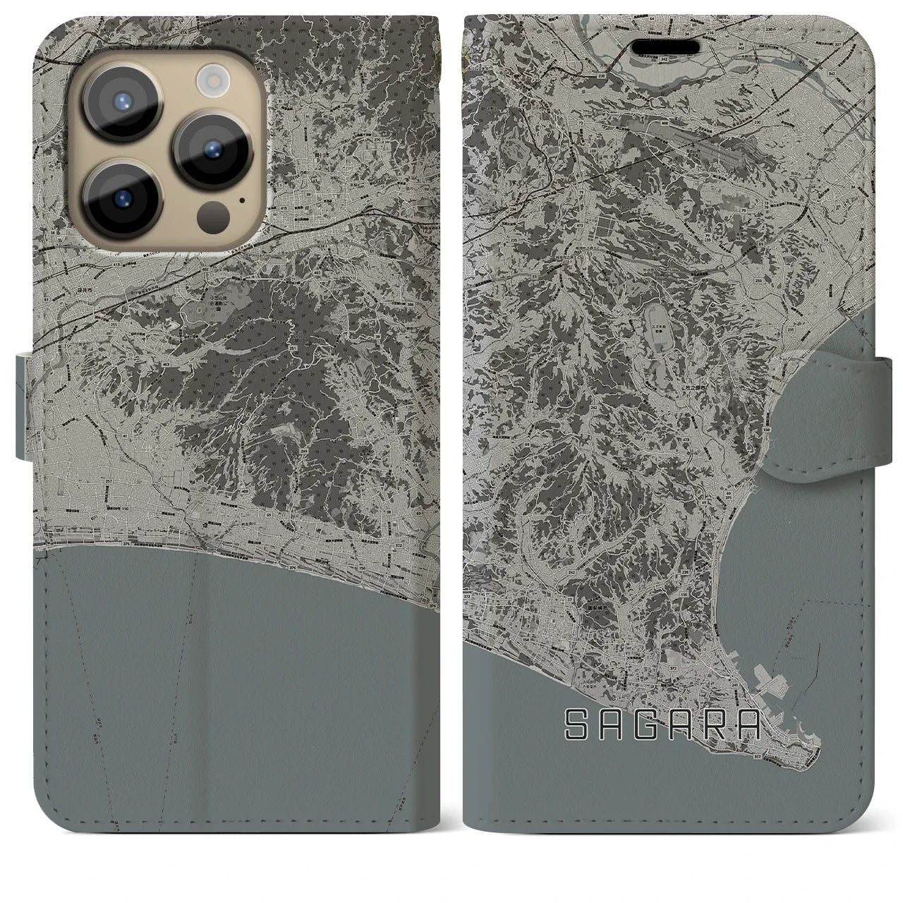 【相良(静岡県)】地図柄iPhoneケース(手帳タイプ)モノトーン・iPhone 14 Pro Max 用