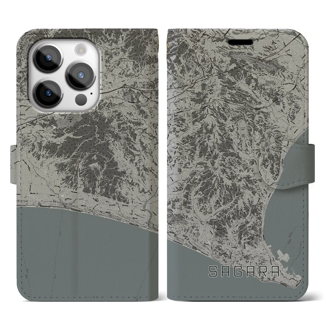 【相良(静岡県)】地図柄iPhoneケース(手帳タイプ)モノトーン・iPhone 14 Pro 用