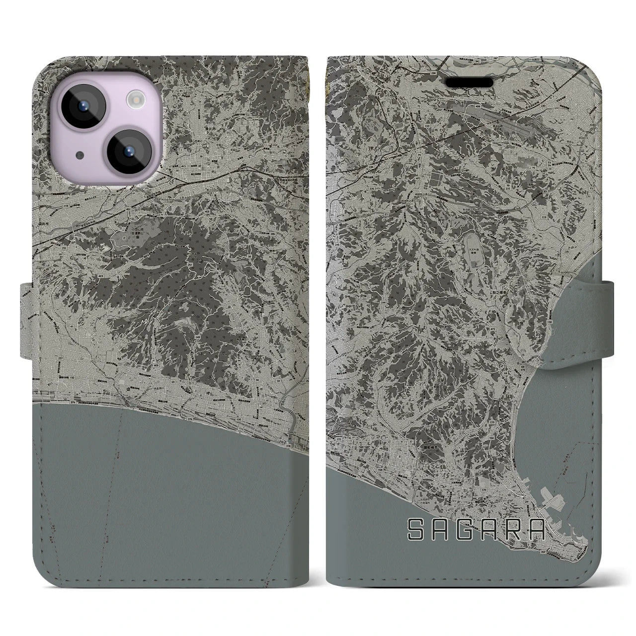 【相良(静岡県)】地図柄iPhoneケース(手帳タイプ)モノトーン・iPhone 14 用