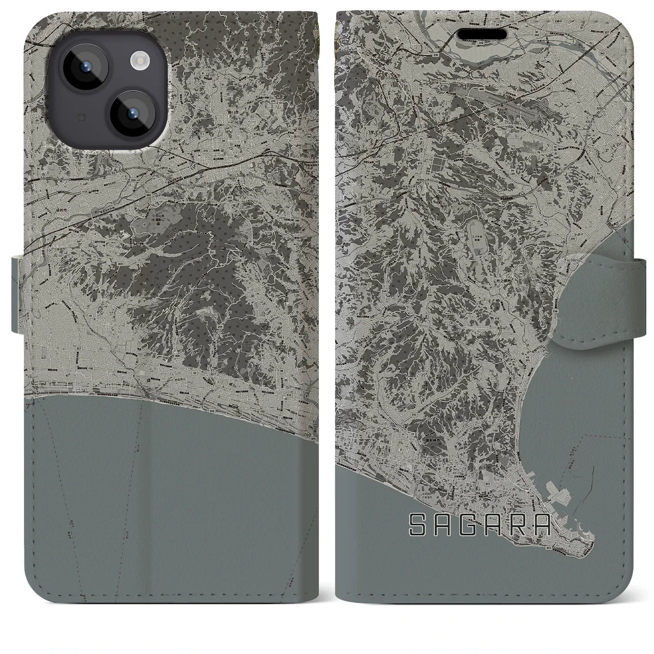 【相良(静岡県)】地図柄iPhoneケース(手帳タイプ)モノトーン・iPhone 14 Plus 用