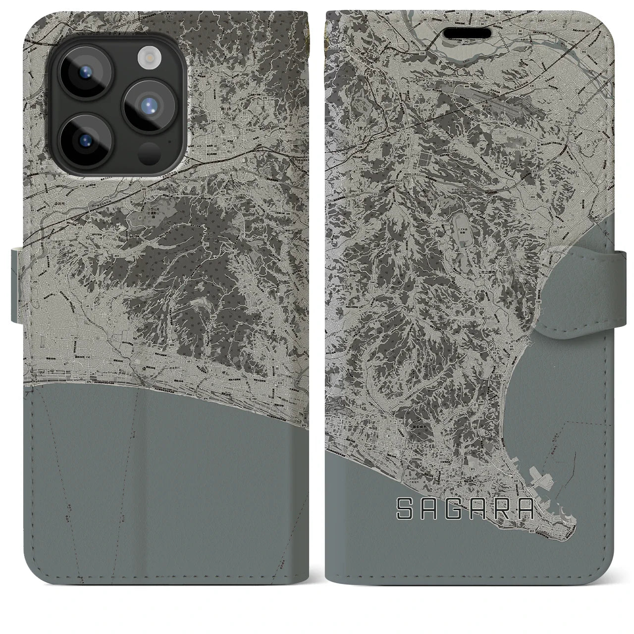 【相良(静岡県)】地図柄iPhoneケース(手帳タイプ)モノトーン・iPhone 15 Pro Max 用