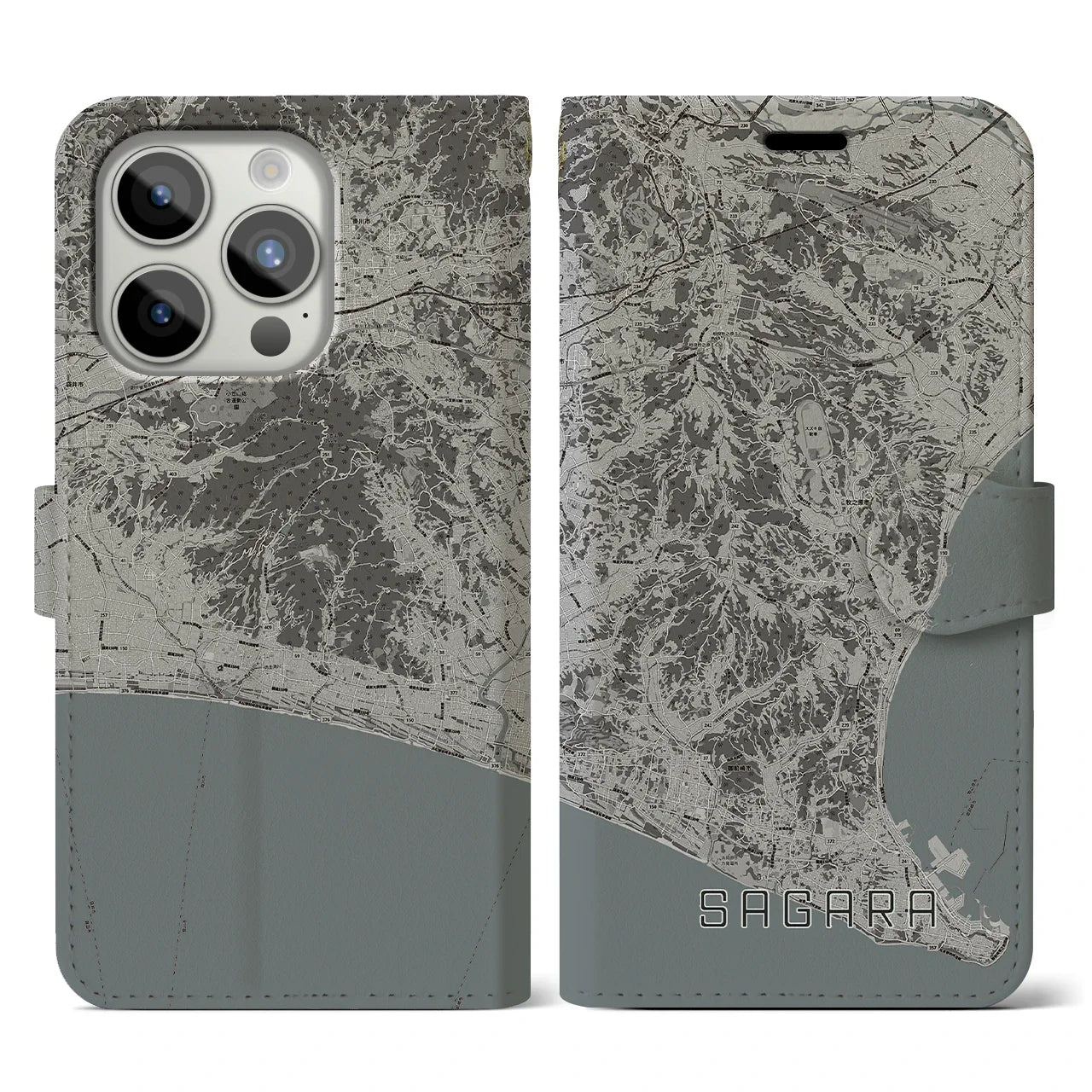 【相良(静岡県)】地図柄iPhoneケース(手帳タイプ)モノトーン・iPhone 15 Pro 用