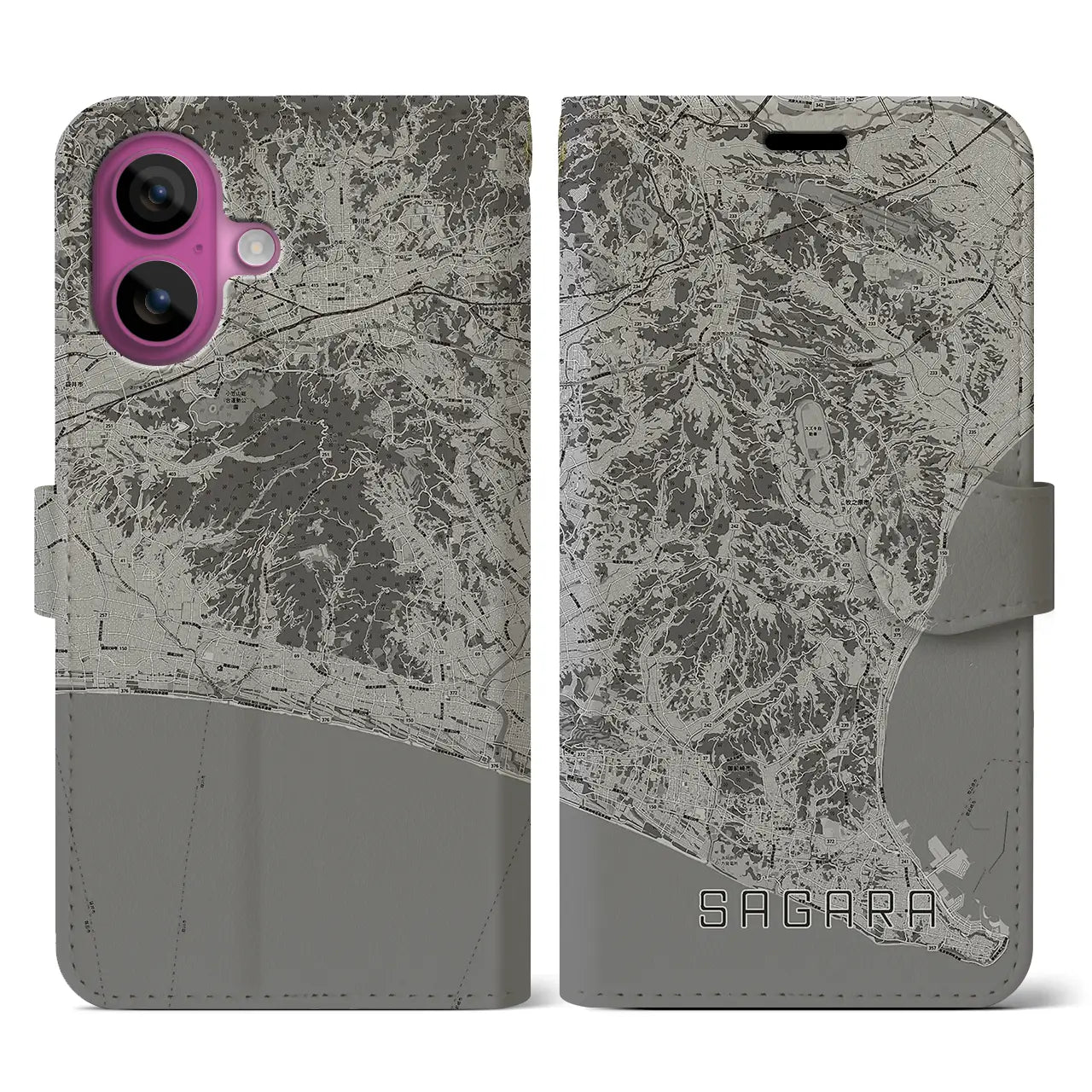 【相良(静岡県)】地図柄iPhoneケース(手帳タイプ)モノトーン・iPhone 16 Pro 用