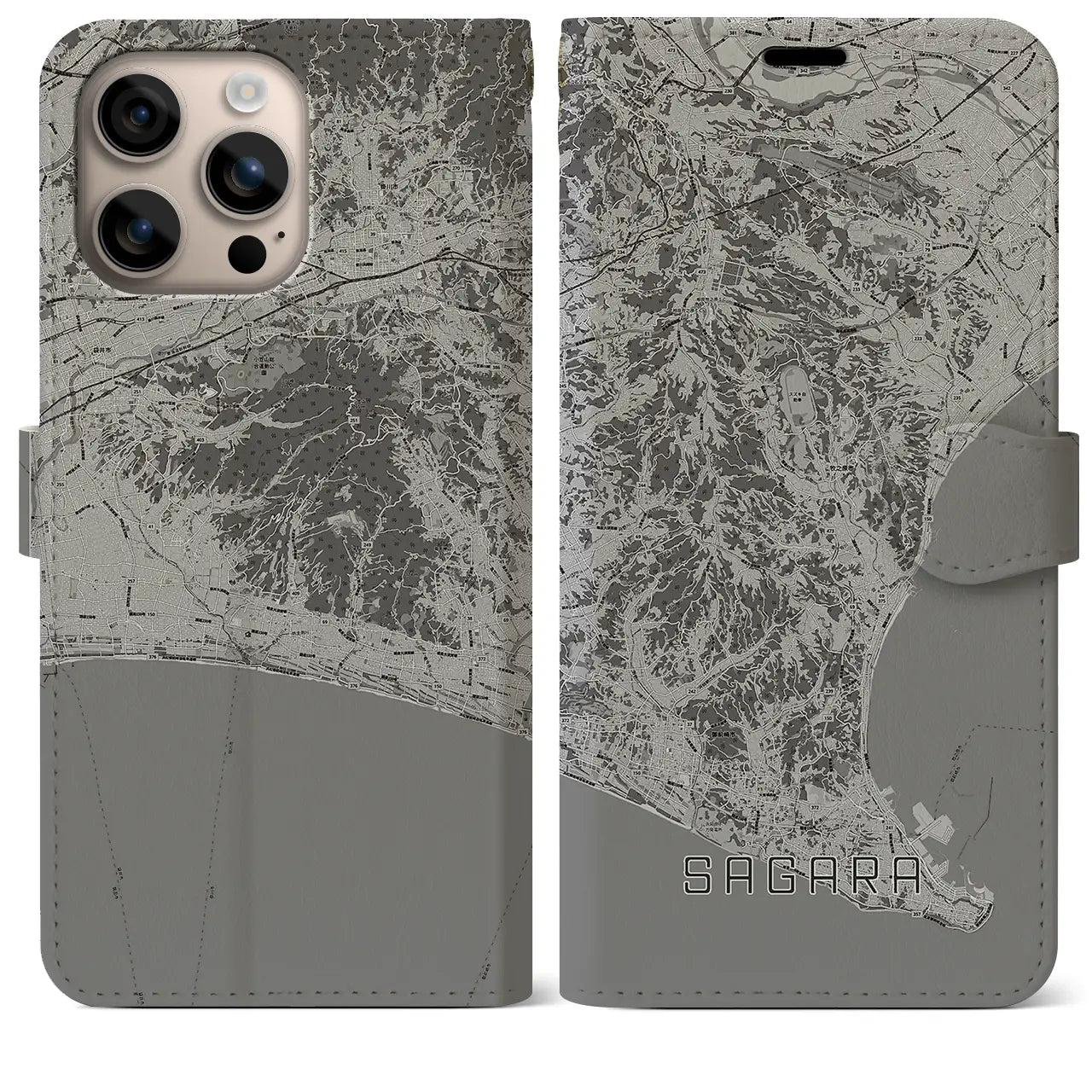 【相良(静岡県)】地図柄iPhoneケース(手帳タイプ)モノトーン・iPhone 16 Plus 用