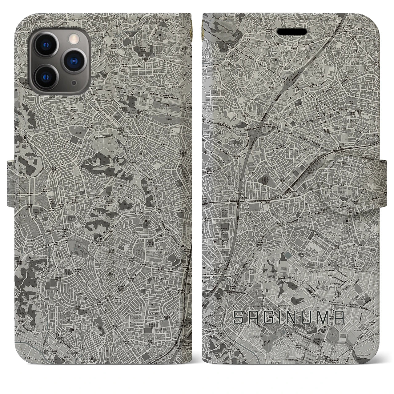 【鷺沼(神奈川県)】地図柄iPhoneケース(手帳タイプ)モノトーン・iPhone 11 Pro Max 用
