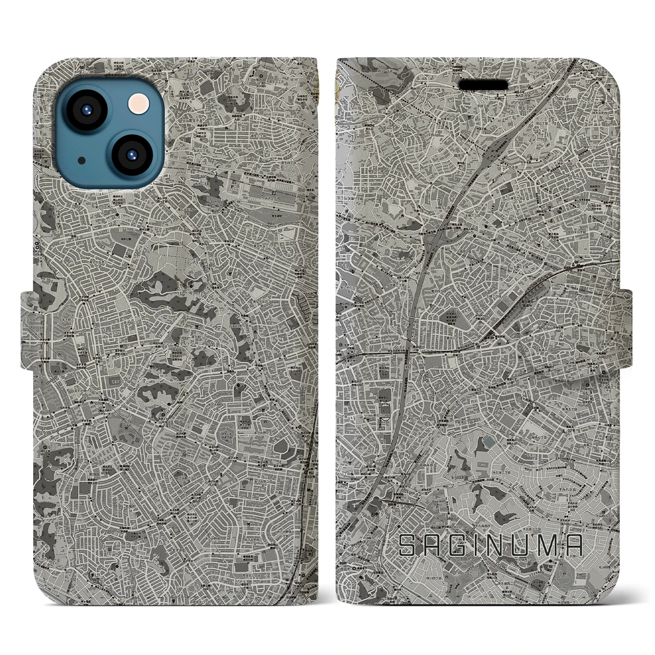 【鷺沼(神奈川県)】地図柄iPhoneケース(手帳タイプ)モノトーン・iPhone 13 用