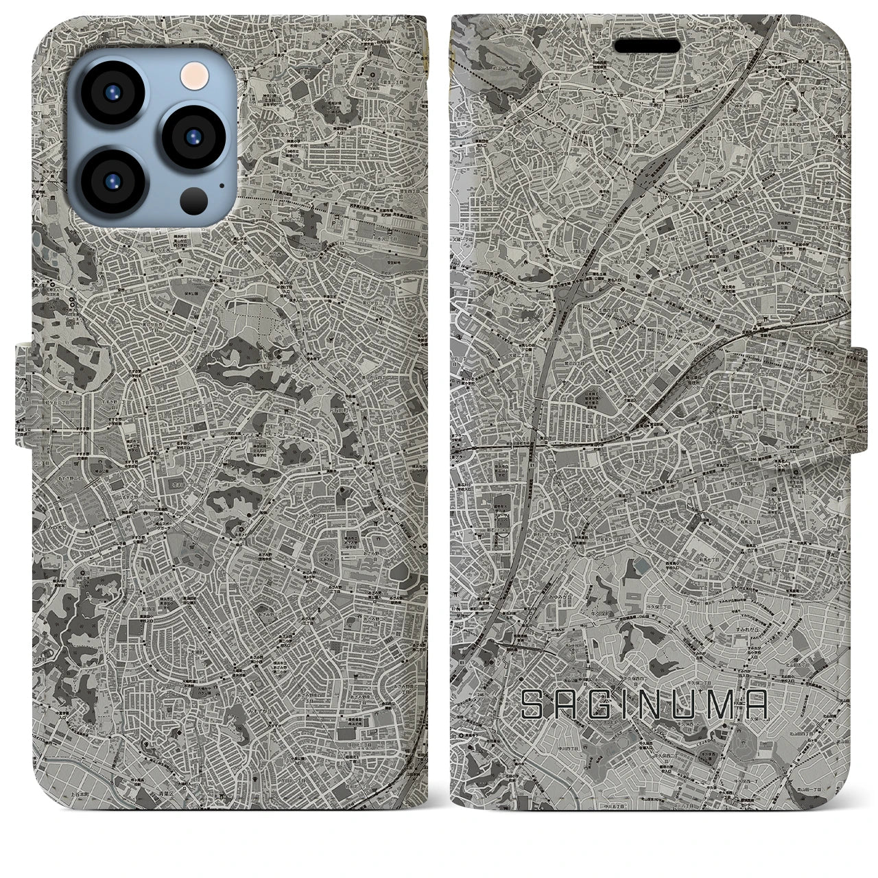 【鷺沼(神奈川県)】地図柄iPhoneケース(手帳タイプ)モノトーン・iPhone 13 Pro Max 用