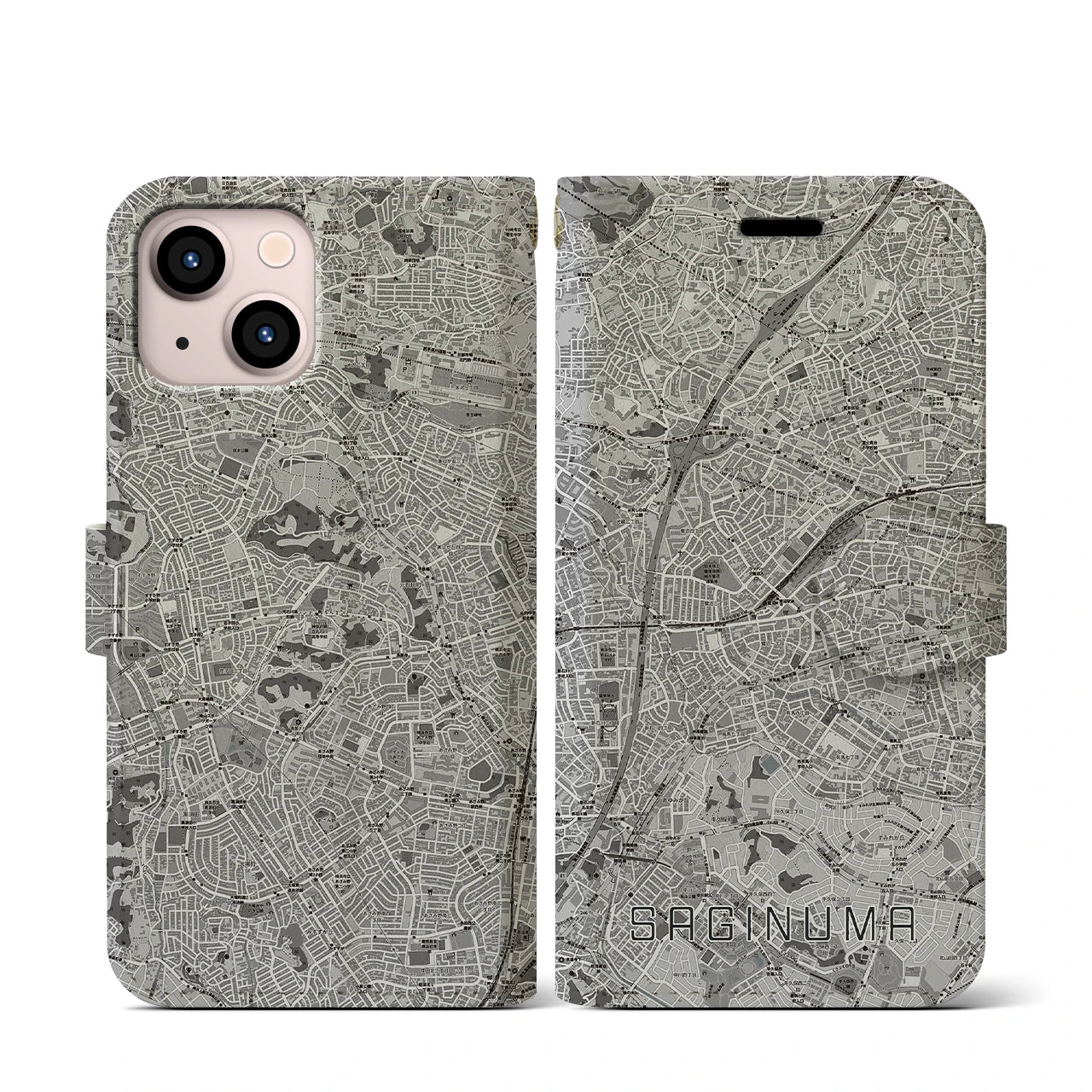 【鷺沼(神奈川県)】地図柄iPhoneケース(手帳タイプ)モノトーン・iPhone 13 mini 用