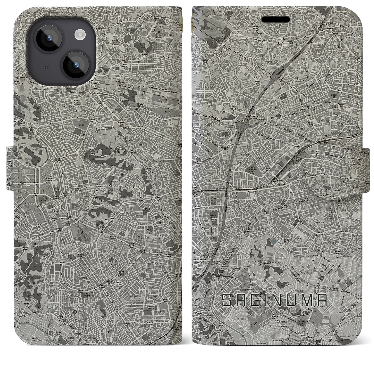 【鷺沼(神奈川県)】地図柄iPhoneケース(手帳タイプ)モノトーン・iPhone 14 Plus 用