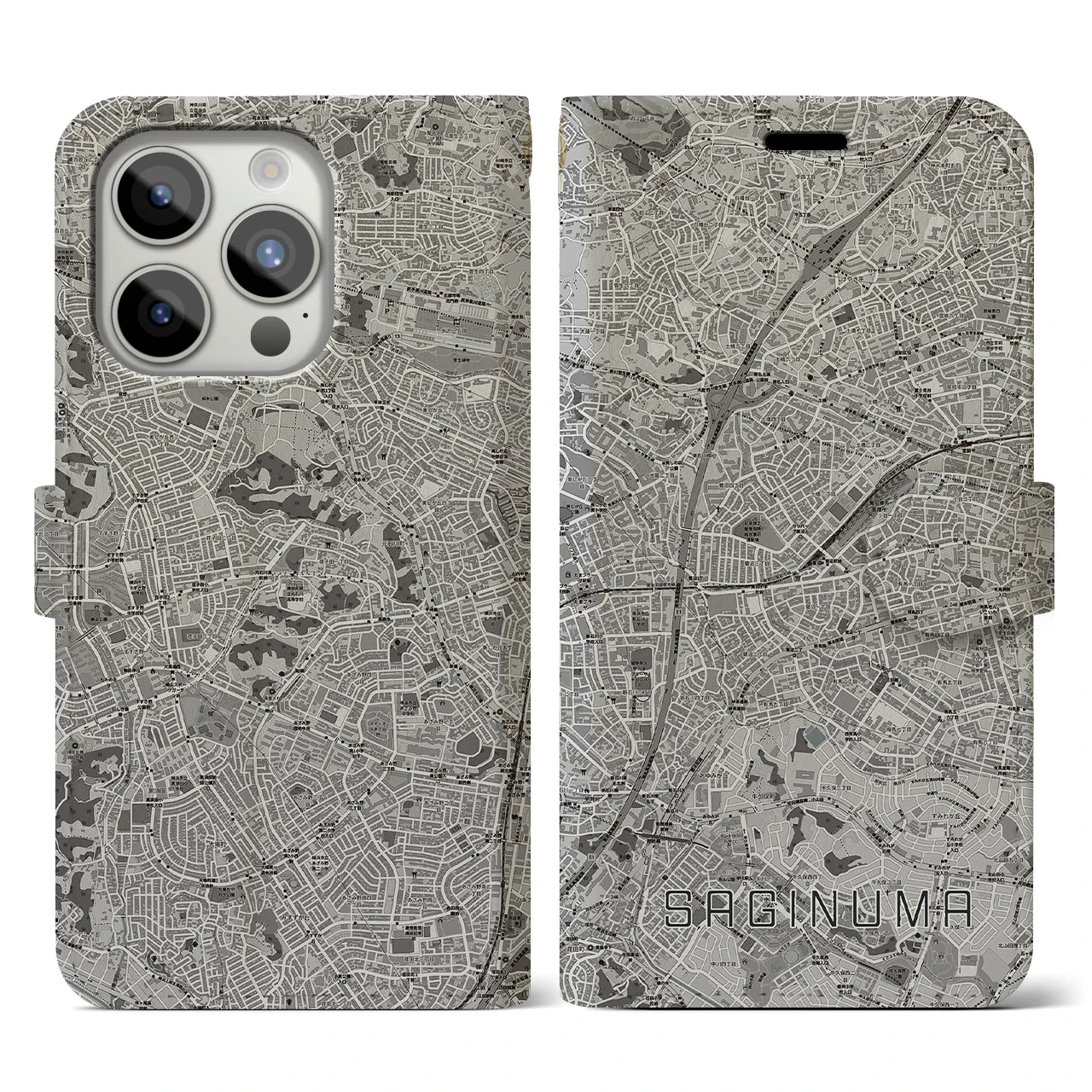 【鷺沼(神奈川県)】地図柄iPhoneケース(手帳タイプ)モノトーン・iPhone 15 Pro 用