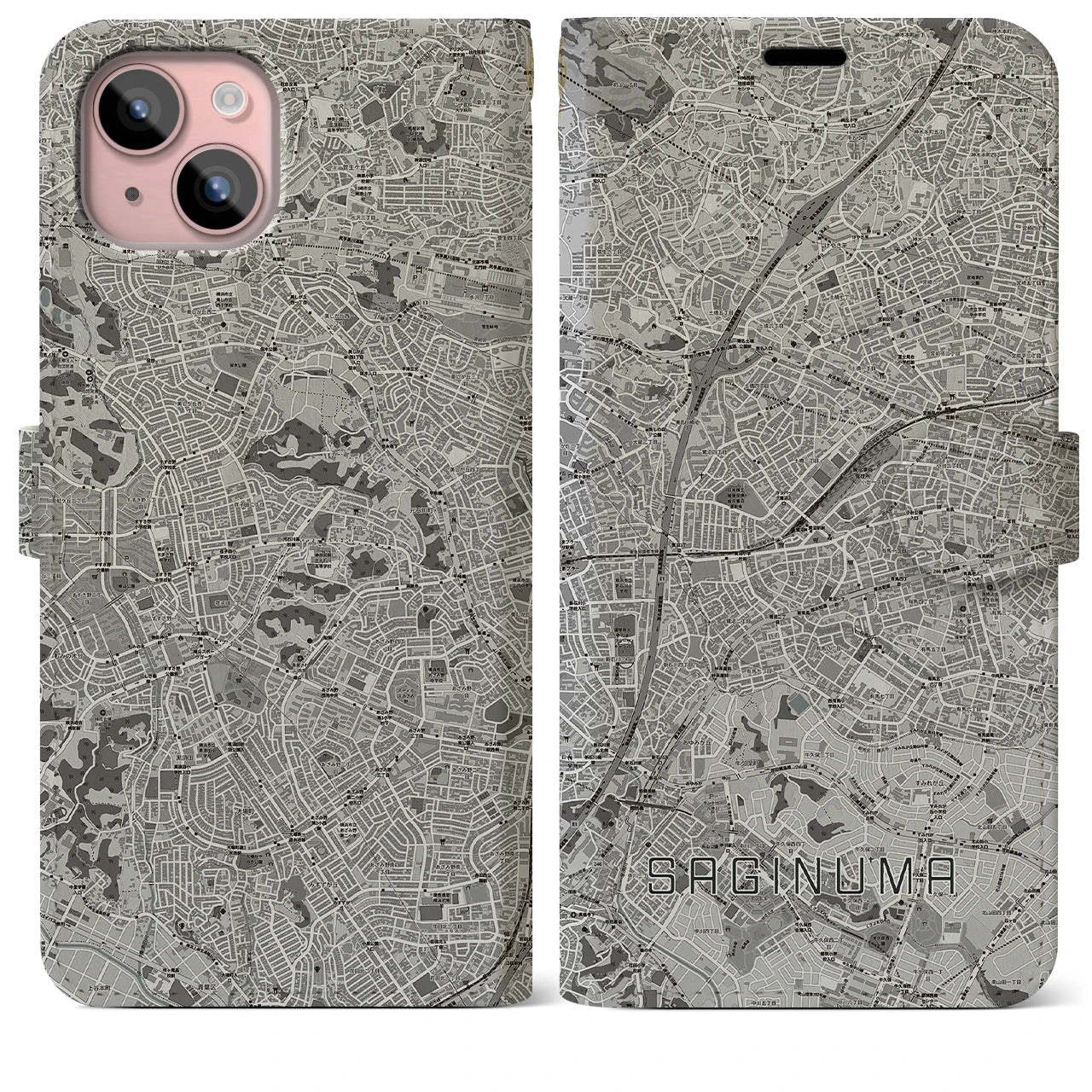 【鷺沼(神奈川県)】地図柄iPhoneケース(手帳タイプ)モノトーン・iPhone 15 Plus 用