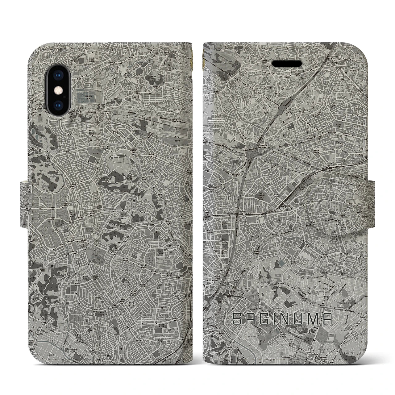 【鷺沼(神奈川県)】地図柄iPhoneケース(手帳タイプ)モノトーン・iPhone XS / X 用