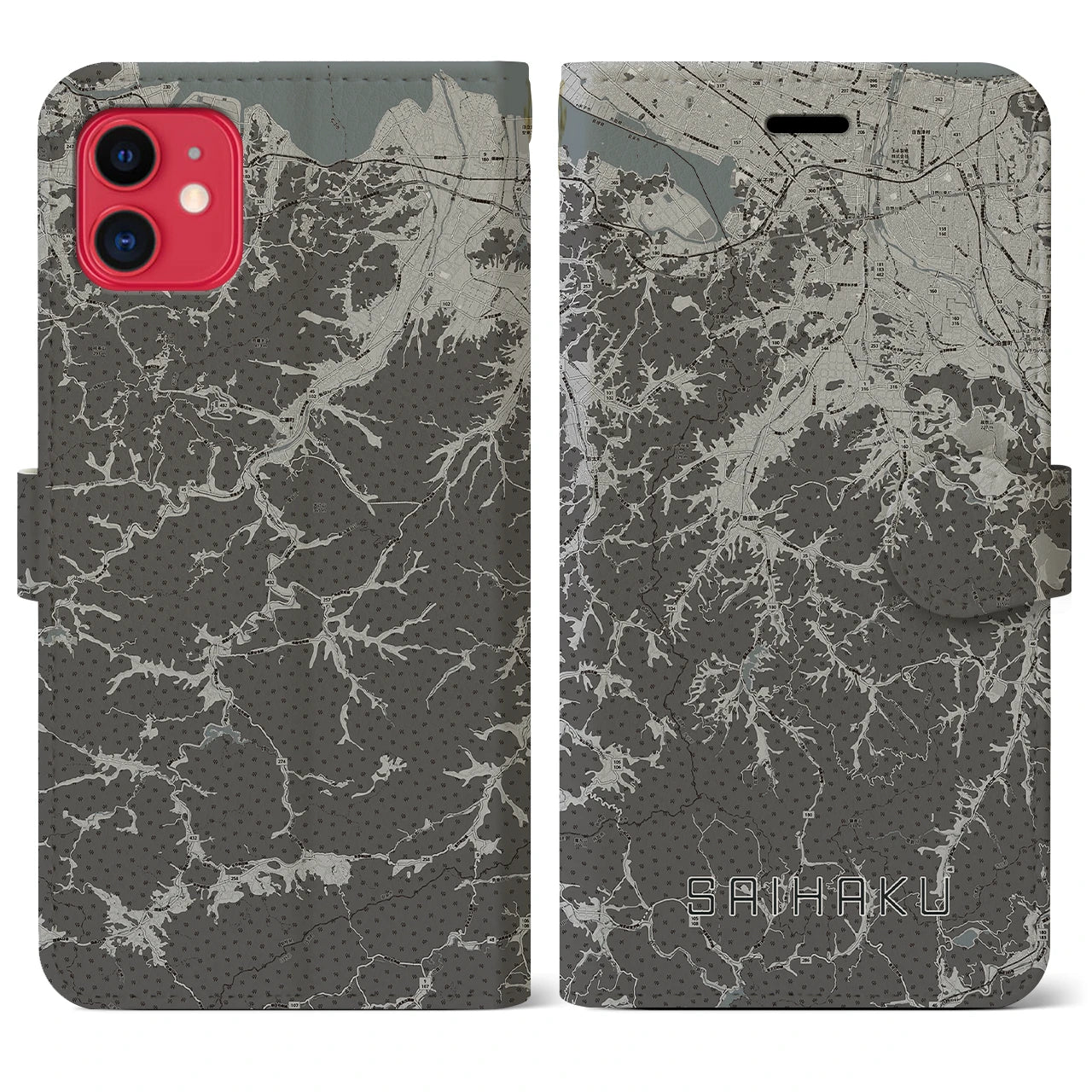 【西伯(鳥取県)】地図柄iPhoneケース(手帳タイプ)モノトーン・iPhone 11 用