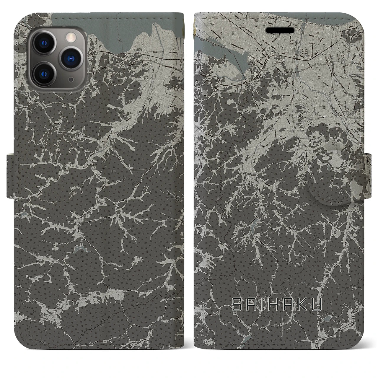 【西伯(鳥取県)】地図柄iPhoneケース(手帳タイプ)モノトーン・iPhone 11 Pro Max 用