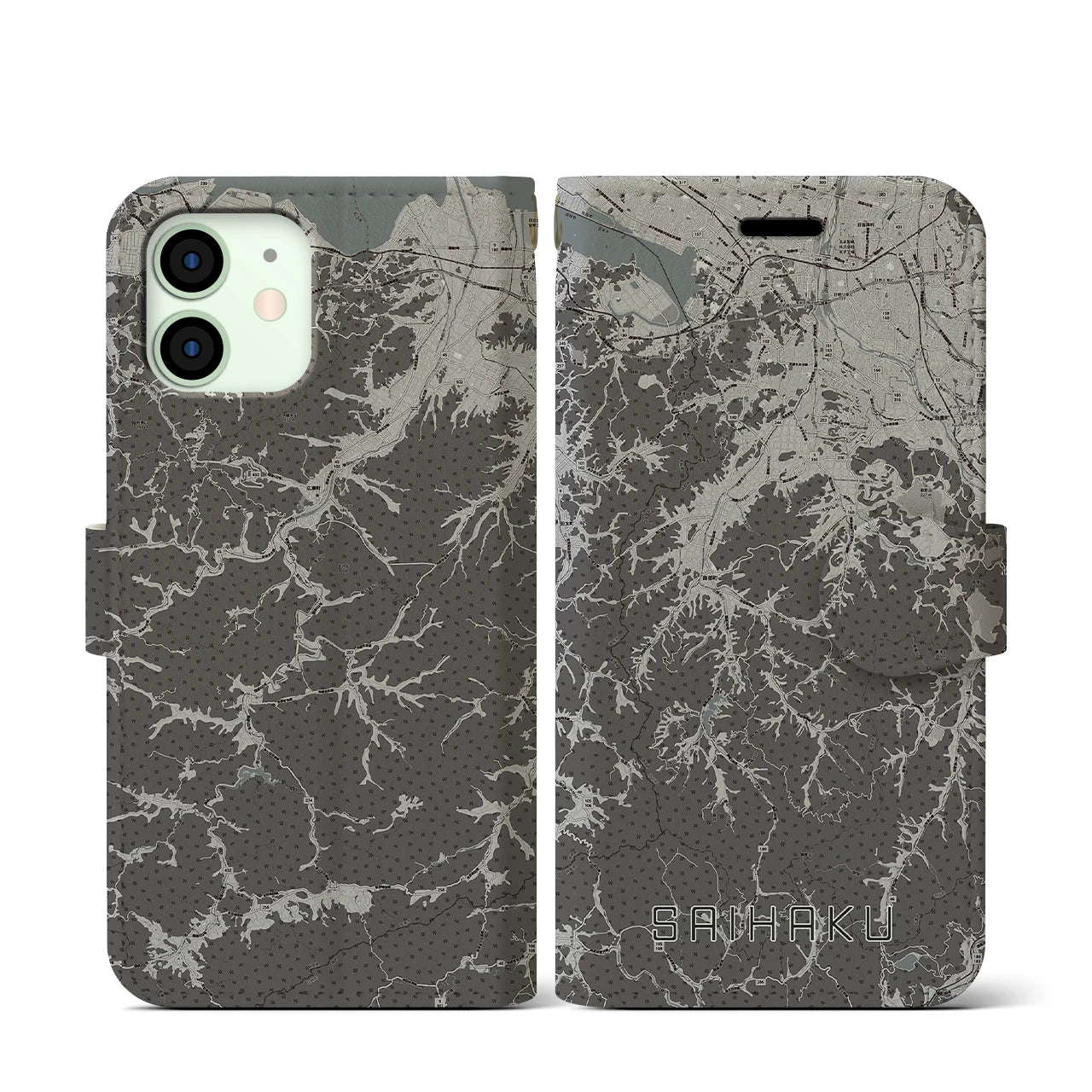 【西伯(鳥取県)】地図柄iPhoneケース(手帳タイプ)モノトーン・iPhone 12 mini 用