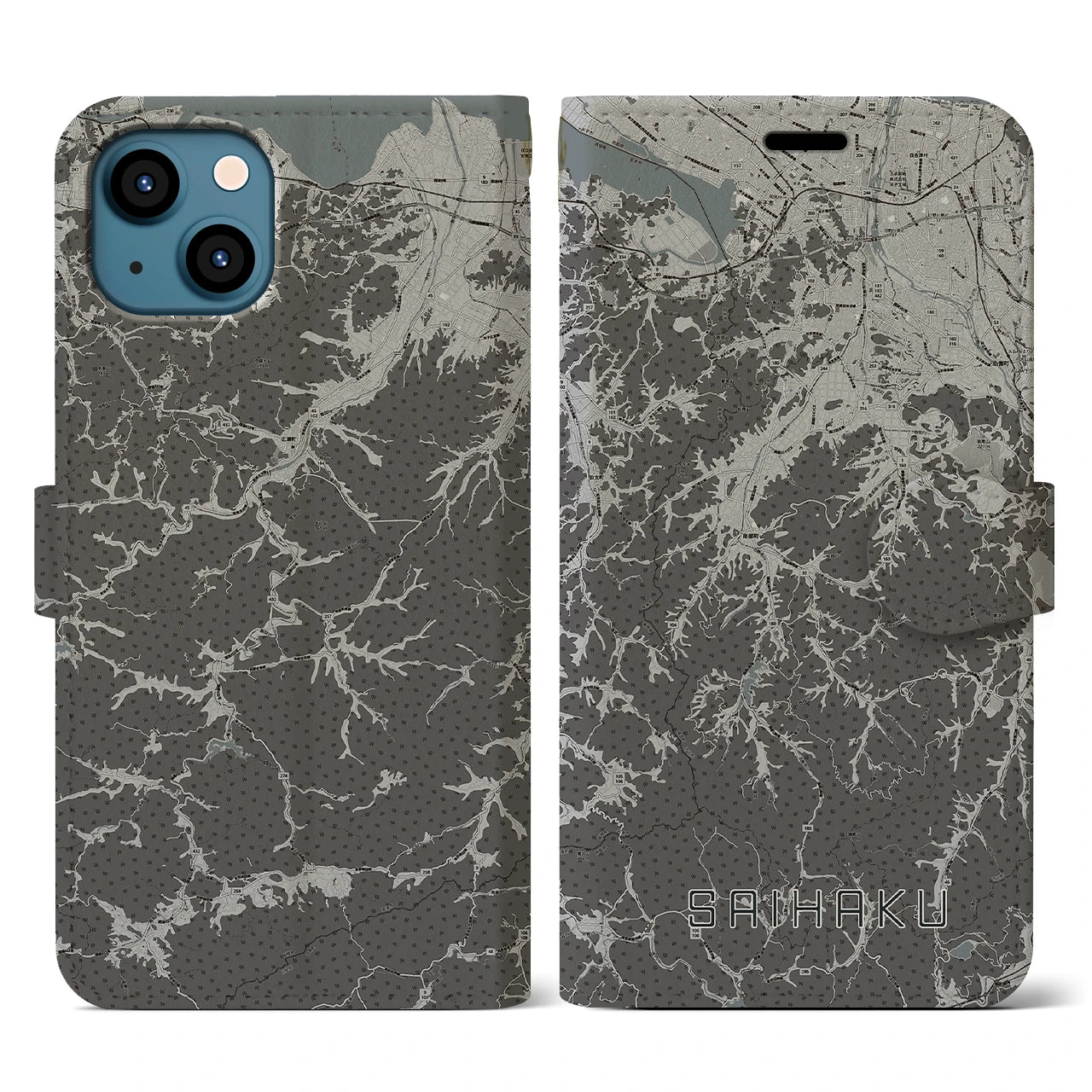 【西伯(鳥取県)】地図柄iPhoneケース(手帳タイプ)モノトーン・iPhone 13 用