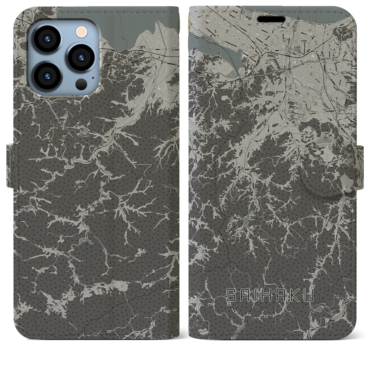 【西伯(鳥取県)】地図柄iPhoneケース(手帳タイプ)モノトーン・iPhone 13 Pro Max 用