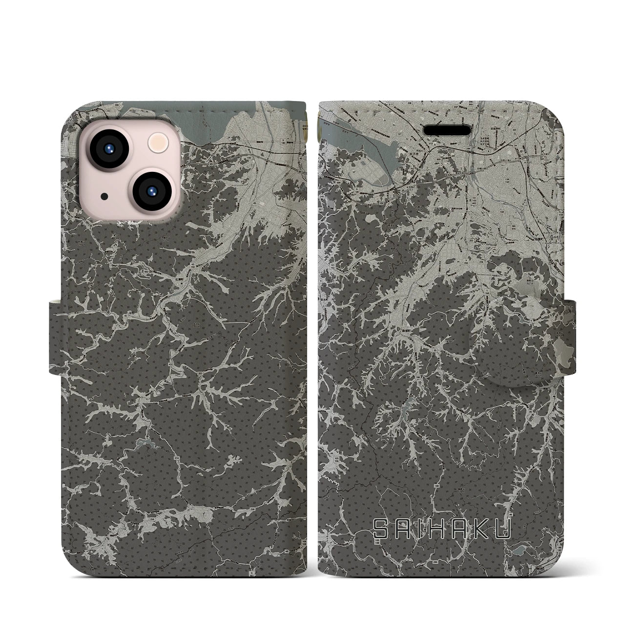 【西伯(鳥取県)】地図柄iPhoneケース(手帳タイプ)モノトーン・iPhone 13 mini 用