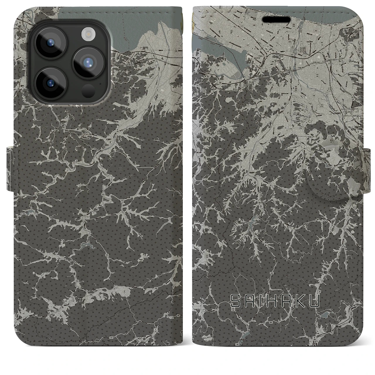 【西伯(鳥取県)】地図柄iPhoneケース(手帳タイプ)モノトーン・iPhone 15 Pro Max 用