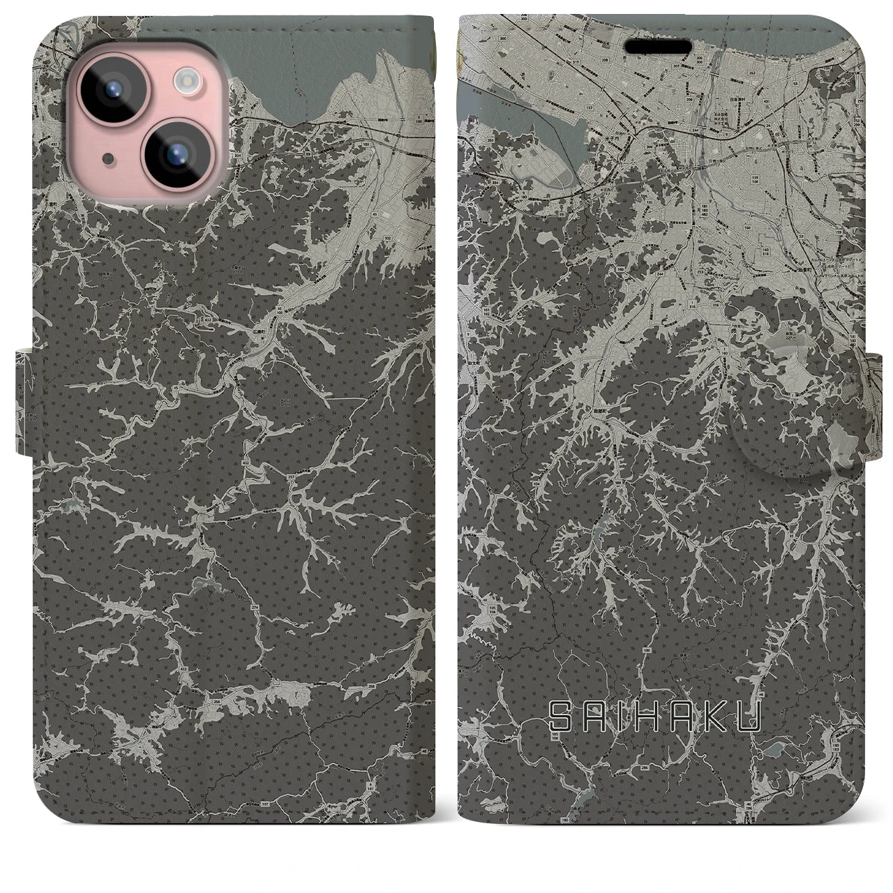 【西伯(鳥取県)】地図柄iPhoneケース(手帳タイプ)モノトーン・iPhone 15 Plus 用