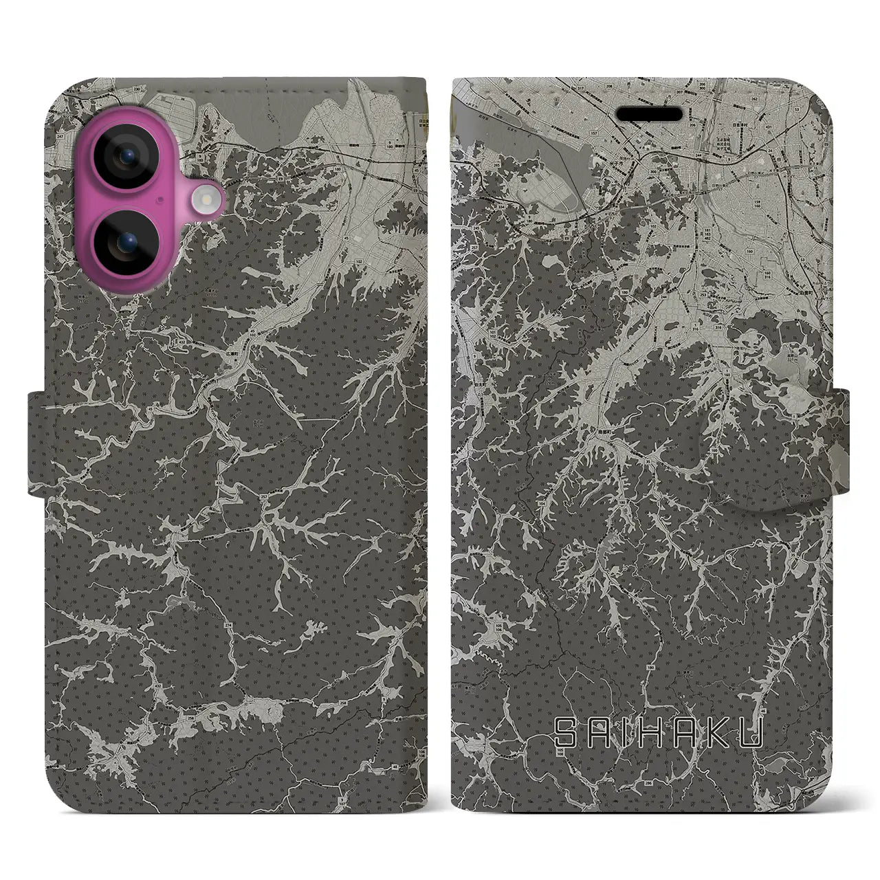 【西伯(鳥取県)】地図柄iPhoneケース(手帳タイプ)モノトーン・iPhone 16 Pro 用