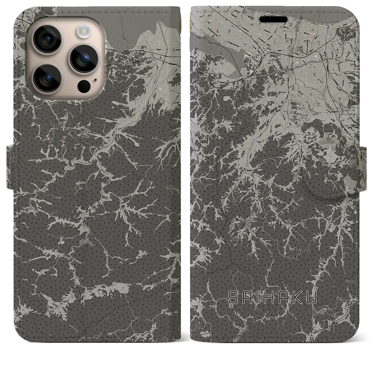 【西伯(鳥取県)】地図柄iPhoneケース(手帳タイプ)モノトーン・iPhone 16 Plus 用