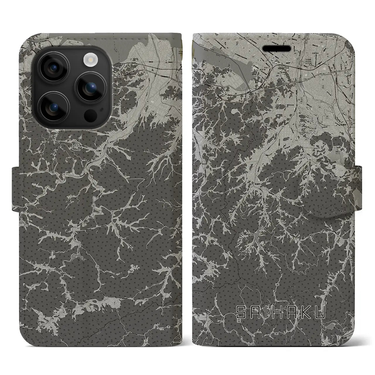 【西伯(鳥取県)】地図柄iPhoneケース(手帳タイプ)モノトーン・iPhone 16 用