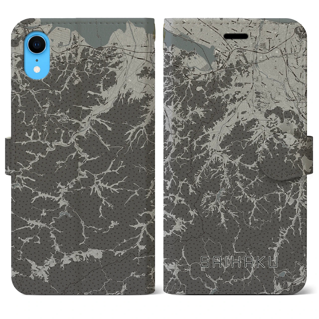 【西伯(鳥取県)】地図柄iPhoneケース(手帳タイプ)モノトーン・iPhone XR 用
