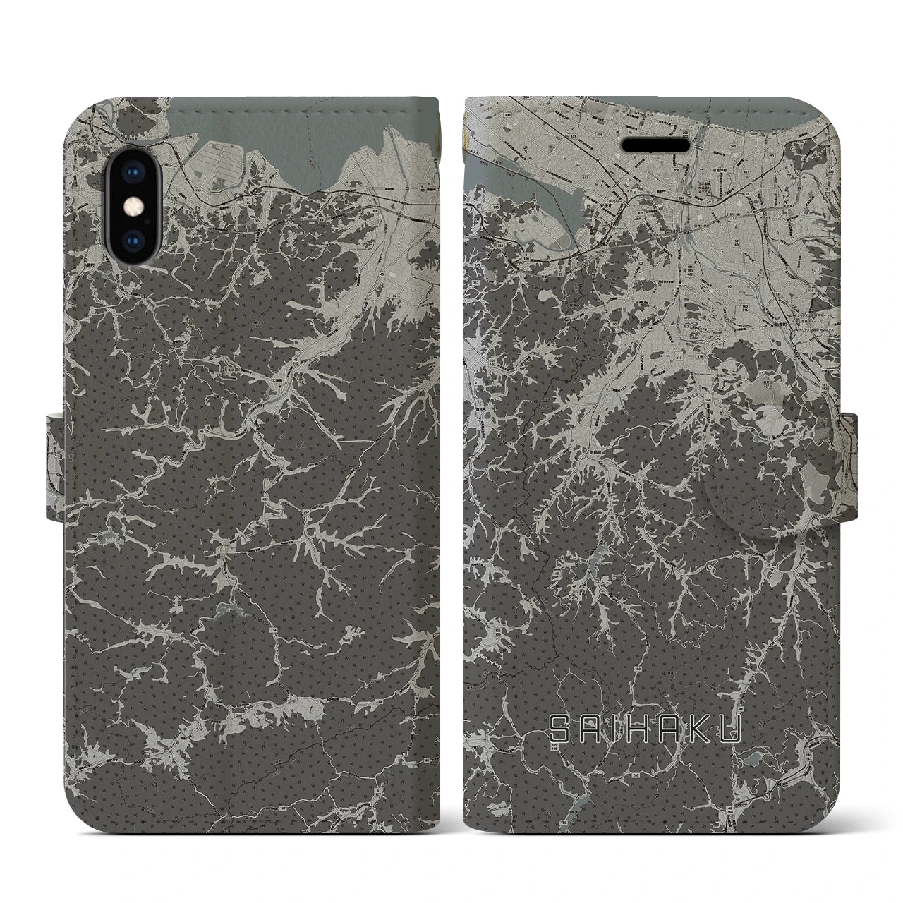 【西伯(鳥取県)】地図柄iPhoneケース(手帳タイプ)モノトーン・iPhone XS / X 用