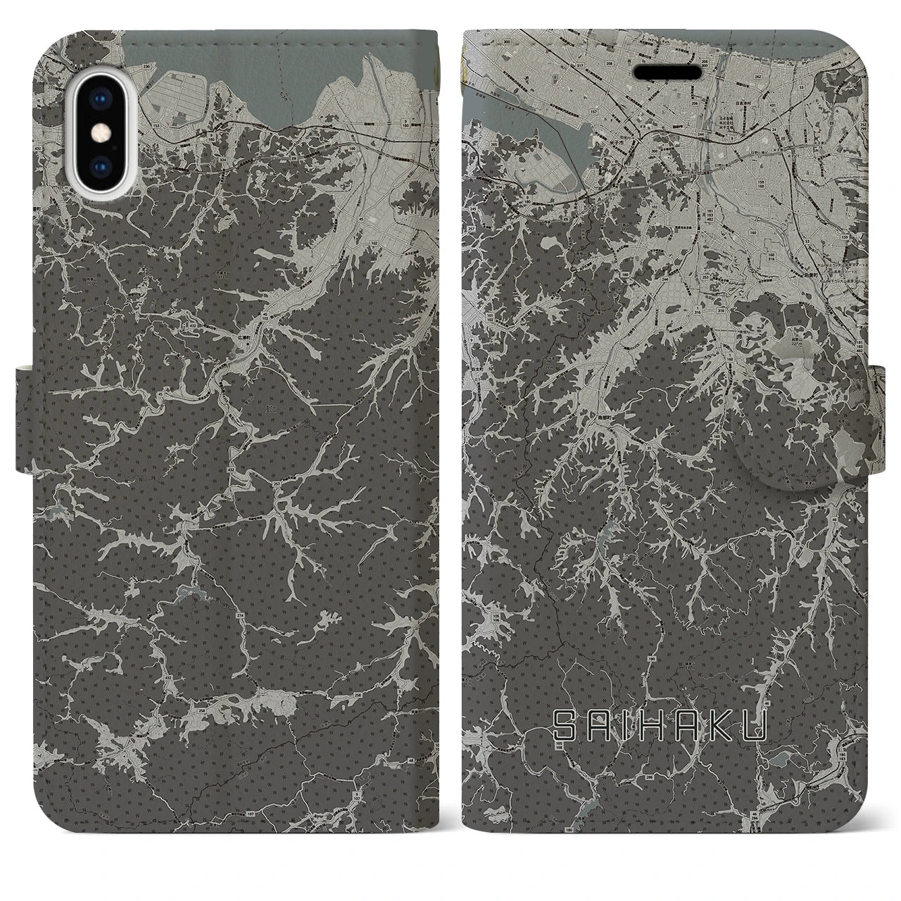 【西伯(鳥取県)】地図柄iPhoneケース(手帳タイプ)モノトーン・iPhone XS Max 用