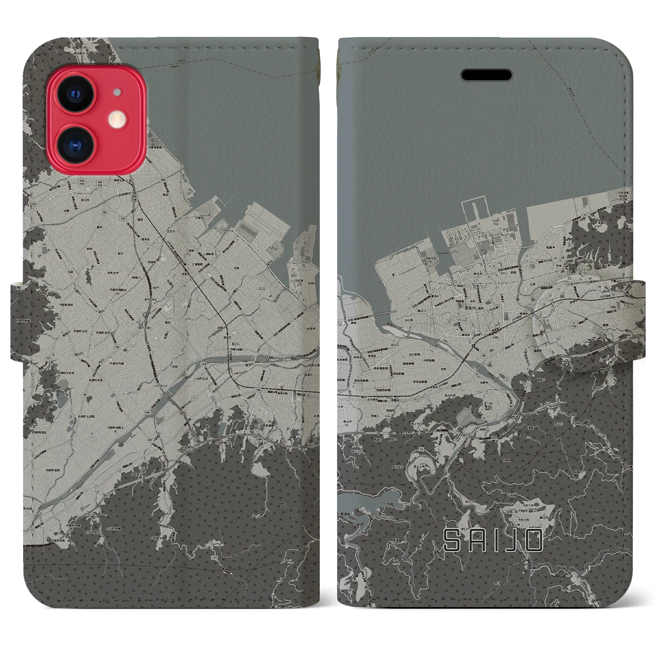 【西条(愛媛県)】地図柄iPhoneケース(手帳タイプ)モノトーン・iPhone 11 用