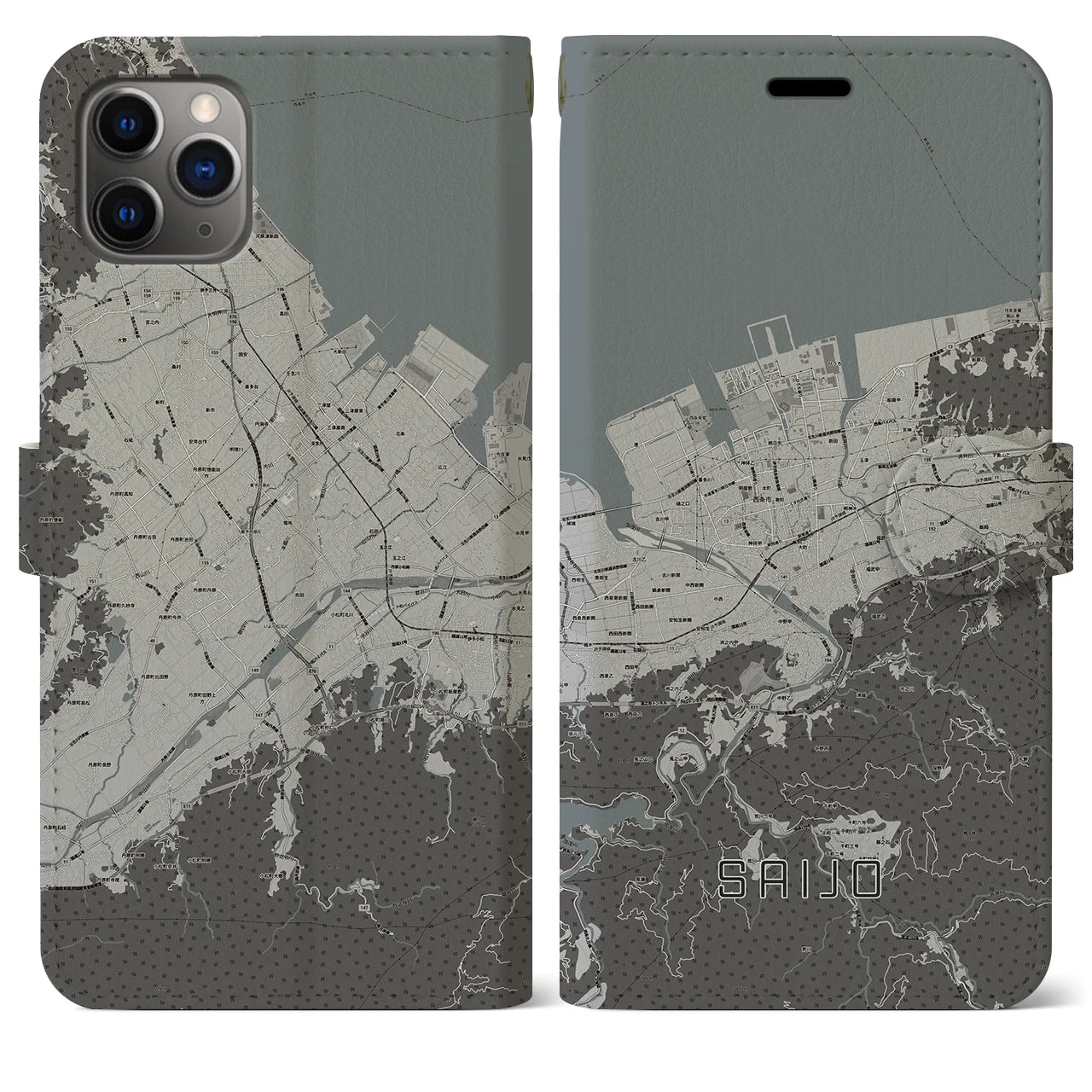 【西条(愛媛県)】地図柄iPhoneケース(手帳タイプ)モノトーン・iPhone 11 Pro Max 用