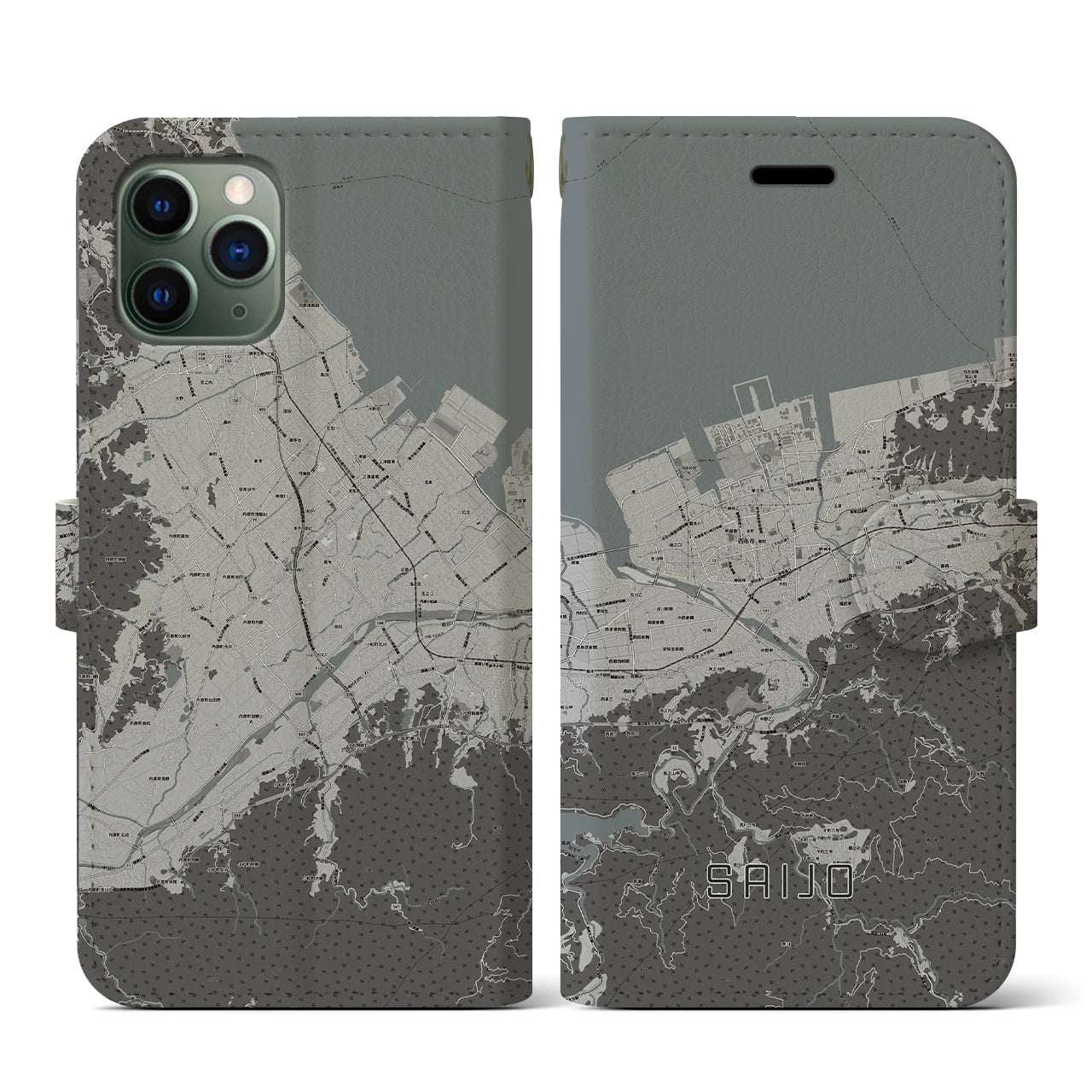 【西条(愛媛県)】地図柄iPhoneケース(手帳タイプ)モノトーン・iPhone 11 Pro 用