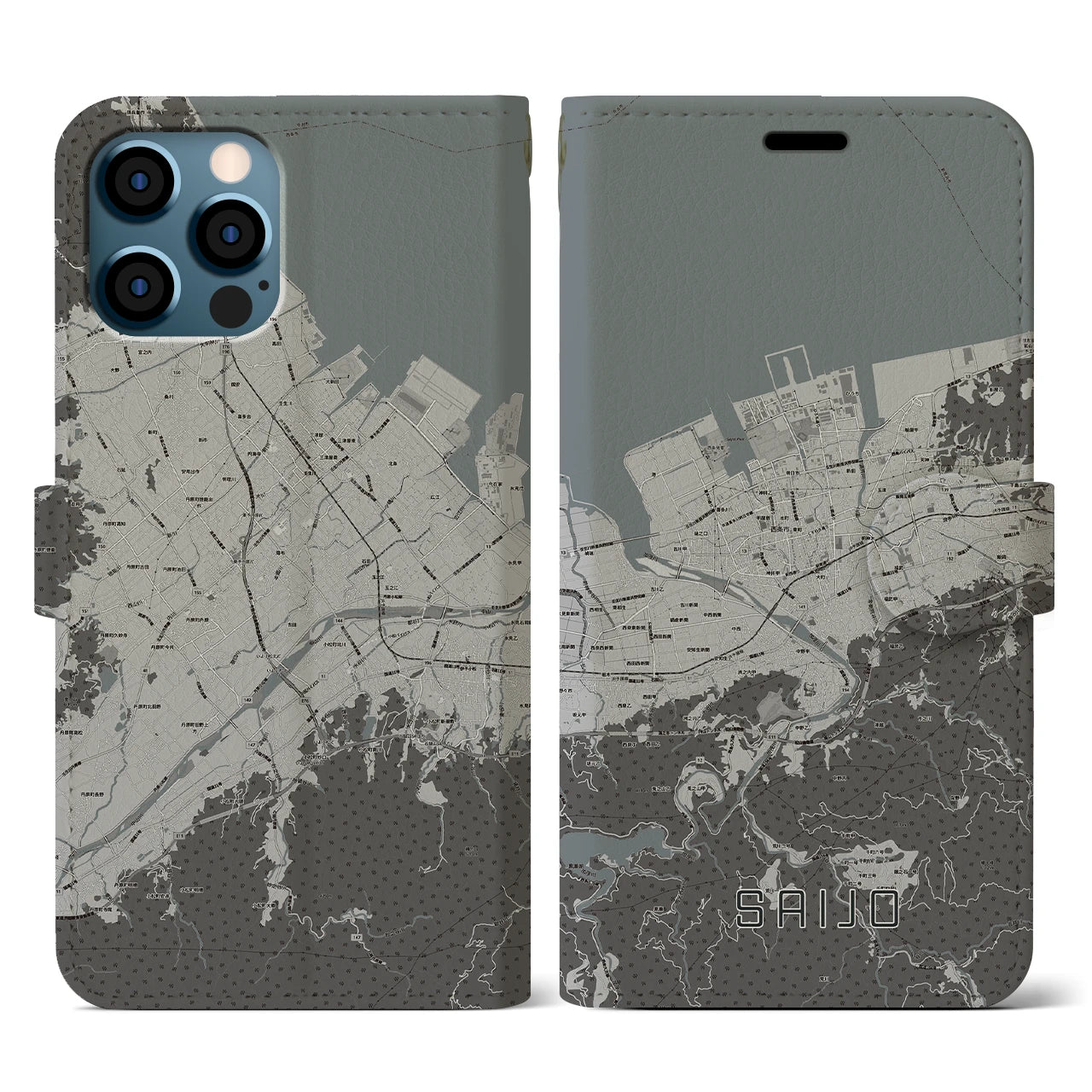 【西条(愛媛県)】地図柄iPhoneケース(手帳タイプ)モノトーン・iPhone 12 / 12 Pro 用