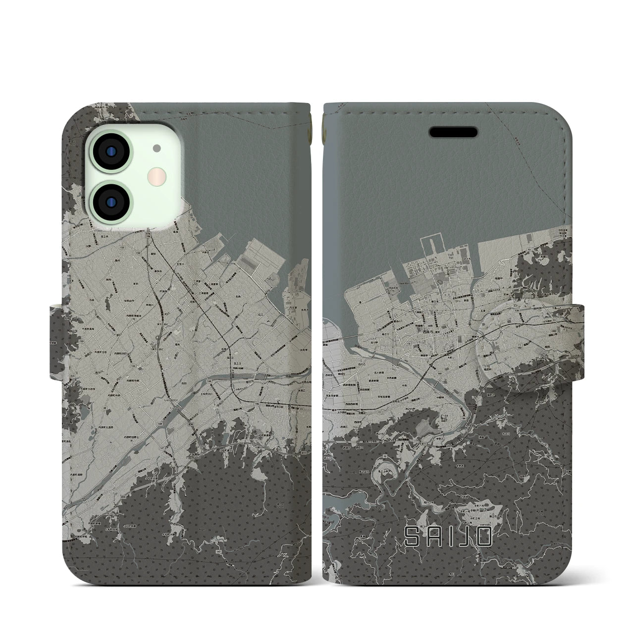 【西条(愛媛県)】地図柄iPhoneケース(手帳タイプ)モノトーン・iPhone 12 mini 用