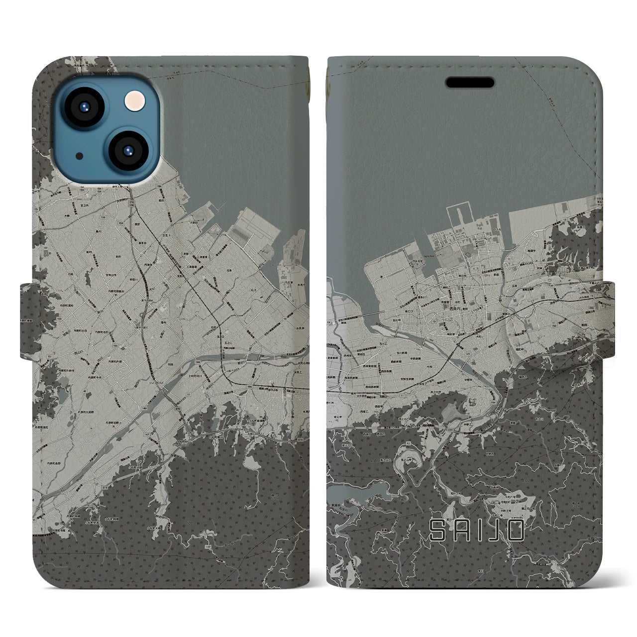 【西条(愛媛県)】地図柄iPhoneケース(手帳タイプ)モノトーン・iPhone 13 用