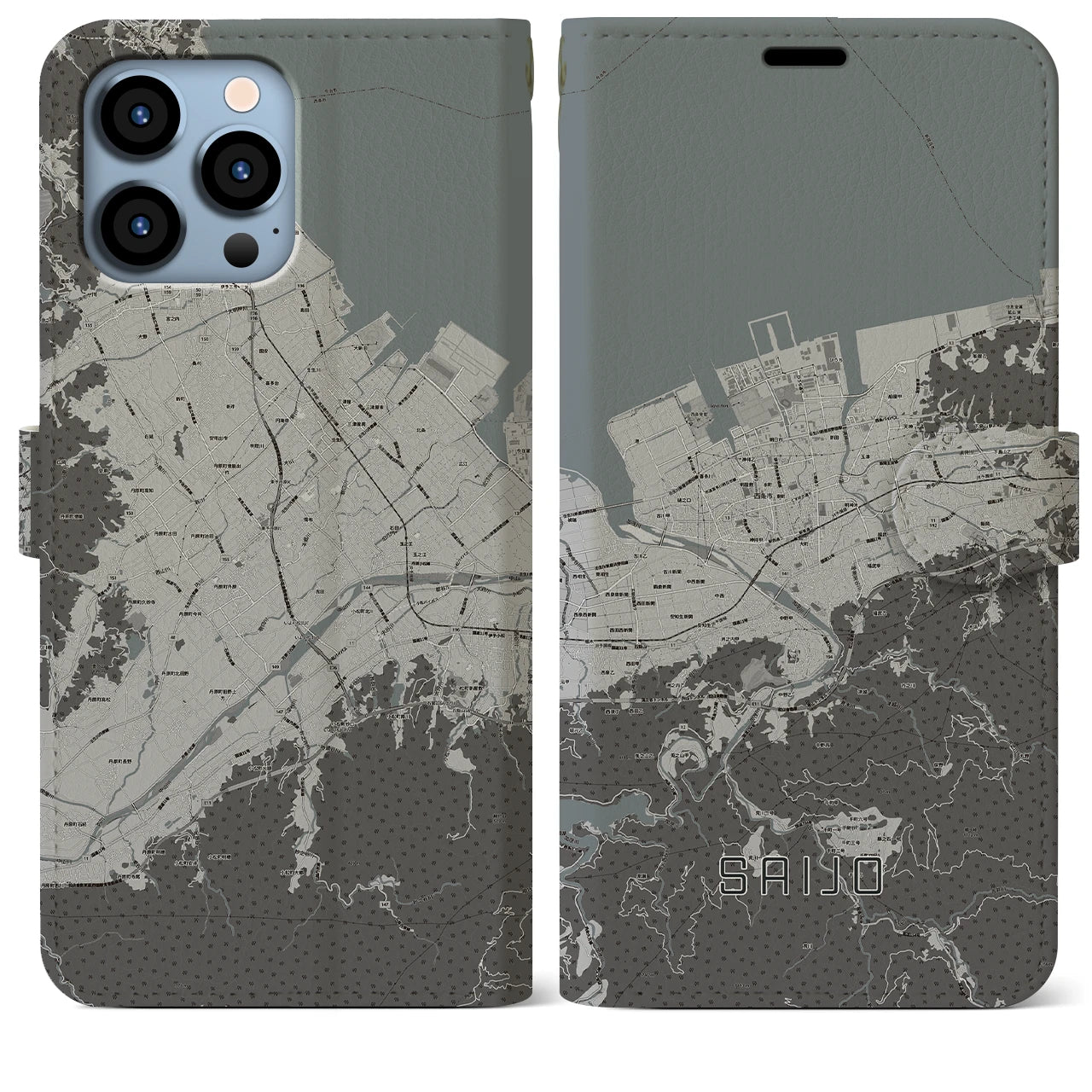 【西条(愛媛県)】地図柄iPhoneケース(手帳タイプ)モノトーン・iPhone 13 Pro Max 用
