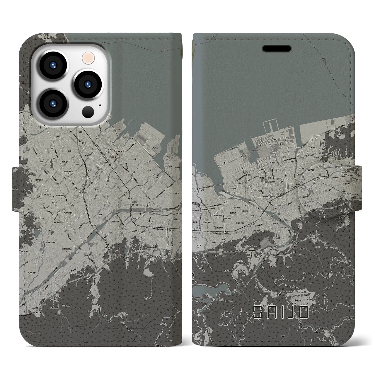 【西条(愛媛県)】地図柄iPhoneケース(手帳タイプ)モノトーン・iPhone 13 Pro 用