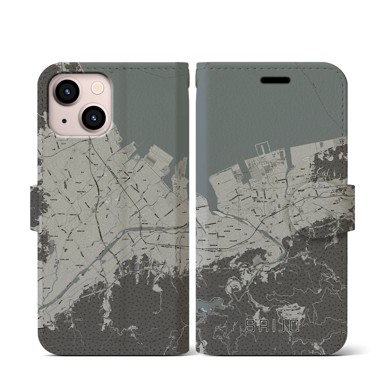 【西条(愛媛県)】地図柄iPhoneケース(手帳タイプ)モノトーン・iPhone 13 mini 用
