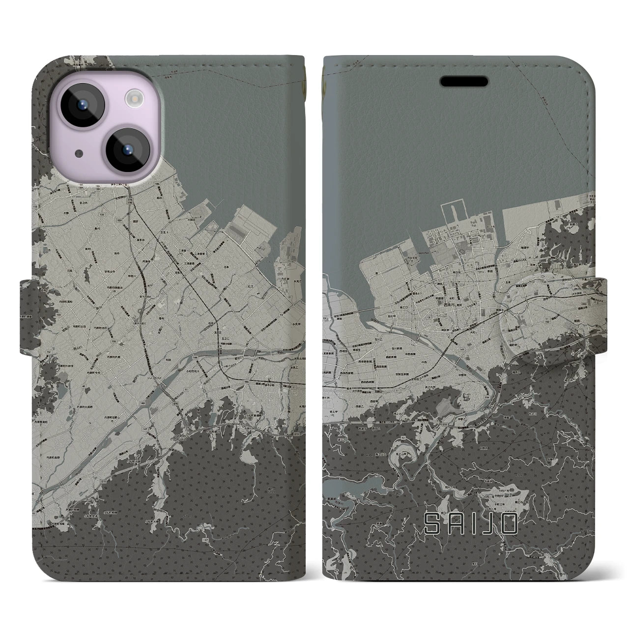 【西条(愛媛県)】地図柄iPhoneケース(手帳タイプ)モノトーン・iPhone 14 用