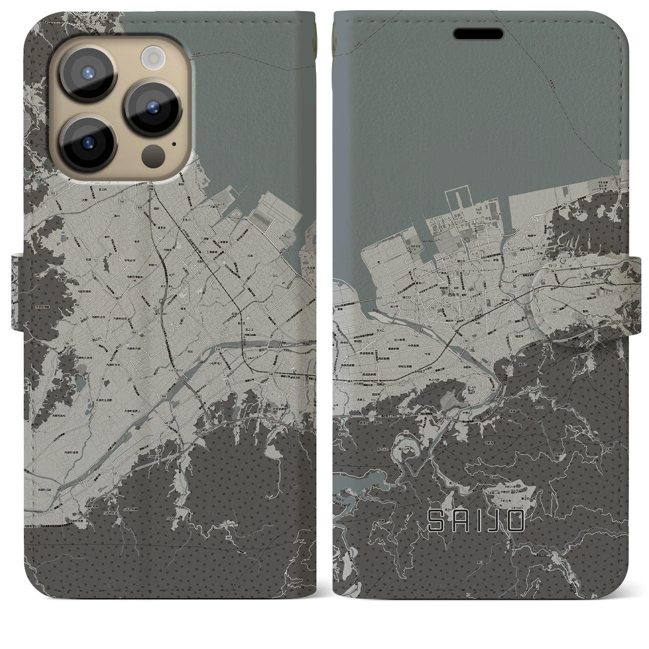 【西条(愛媛県)】地図柄iPhoneケース(手帳タイプ)モノトーン・iPhone 14 Pro Max 用