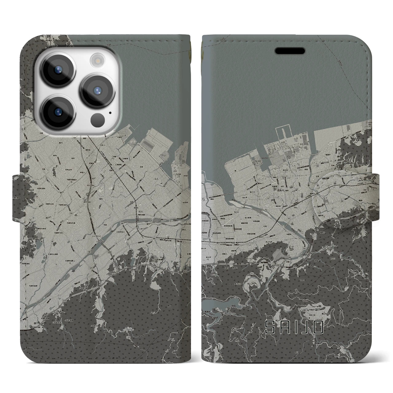 【西条(愛媛県)】地図柄iPhoneケース(手帳タイプ)モノトーン・iPhone 14 Pro 用