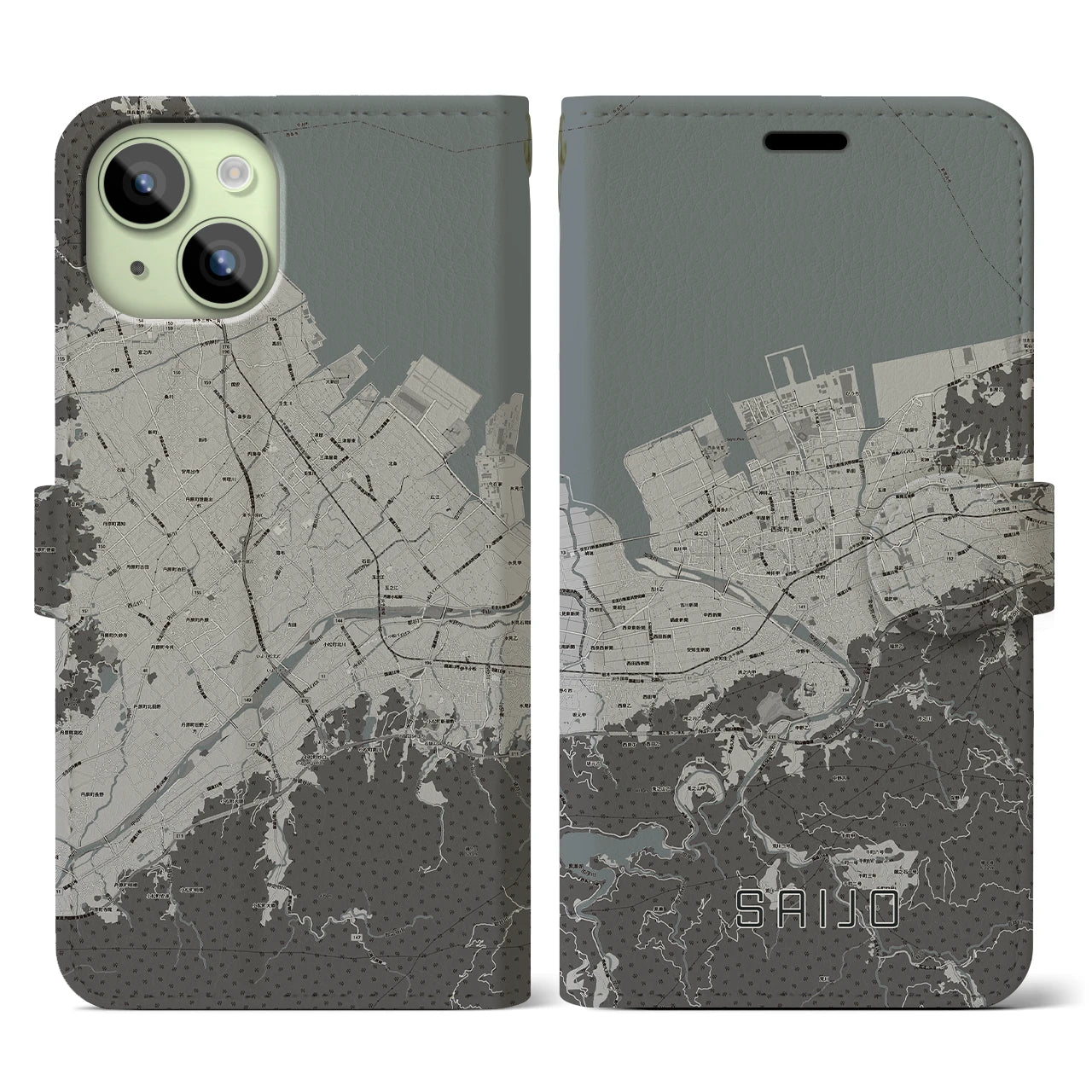 【西条(愛媛県)】地図柄iPhoneケース(手帳タイプ)モノトーン・iPhone 15 用