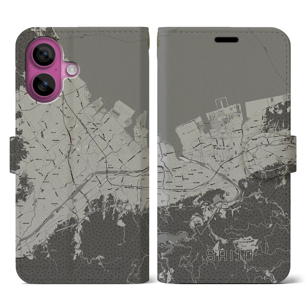 【西条(愛媛県)】地図柄iPhoneケース(手帳タイプ)モノトーン・iPhone 16 Pro 用