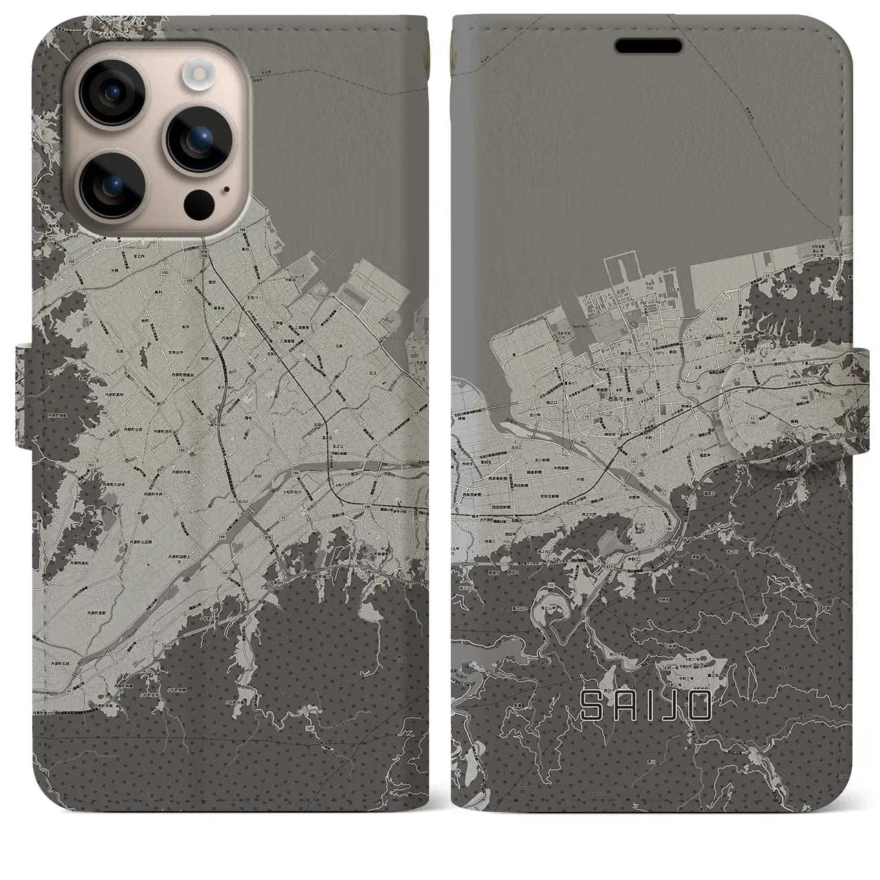 【西条(愛媛県)】地図柄iPhoneケース(手帳タイプ)モノトーン・iPhone 16 Plus 用