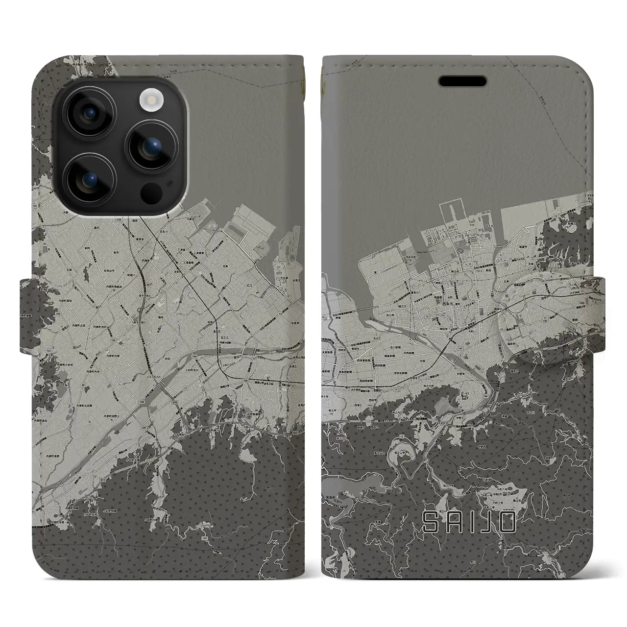 【西条(愛媛県)】地図柄iPhoneケース(手帳タイプ)モノトーン・iPhone 16 用
